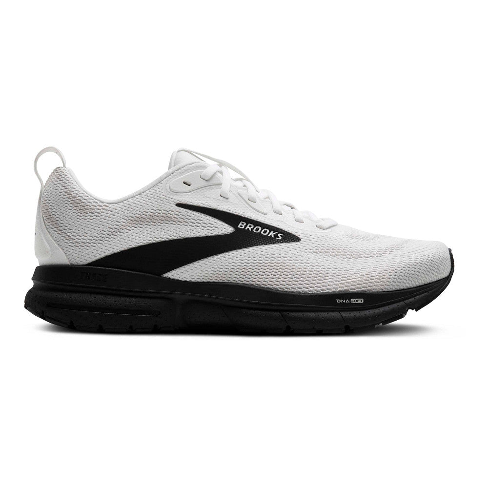 Side view on white background of Mens Brooks Trace 4 running shoe in Bright White/Oyster/Black, Medium (Regular) width