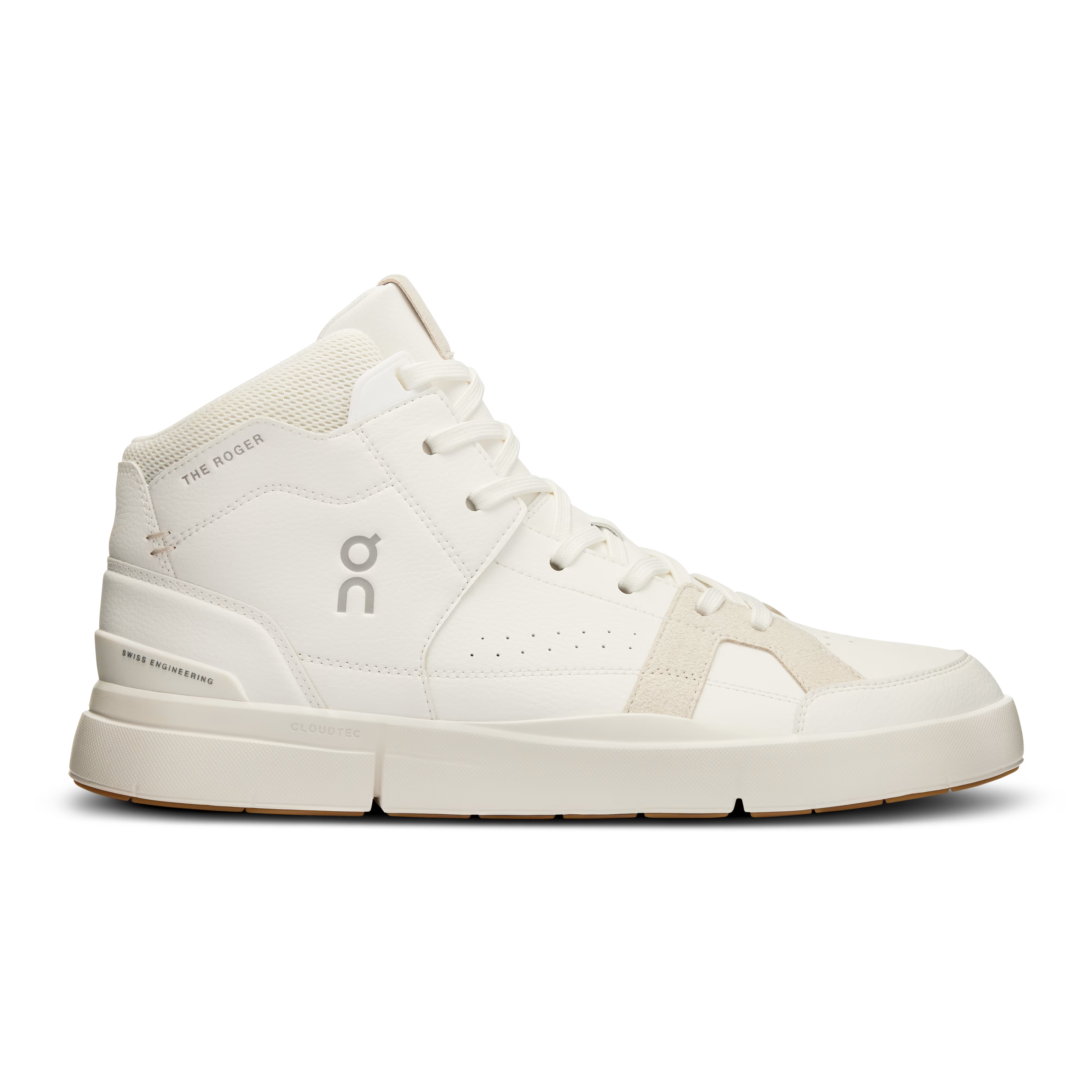 Side view on white background of Mens On The Roger Clubhouse Mid running shoe in White/Sand, Medium (Regular) width
