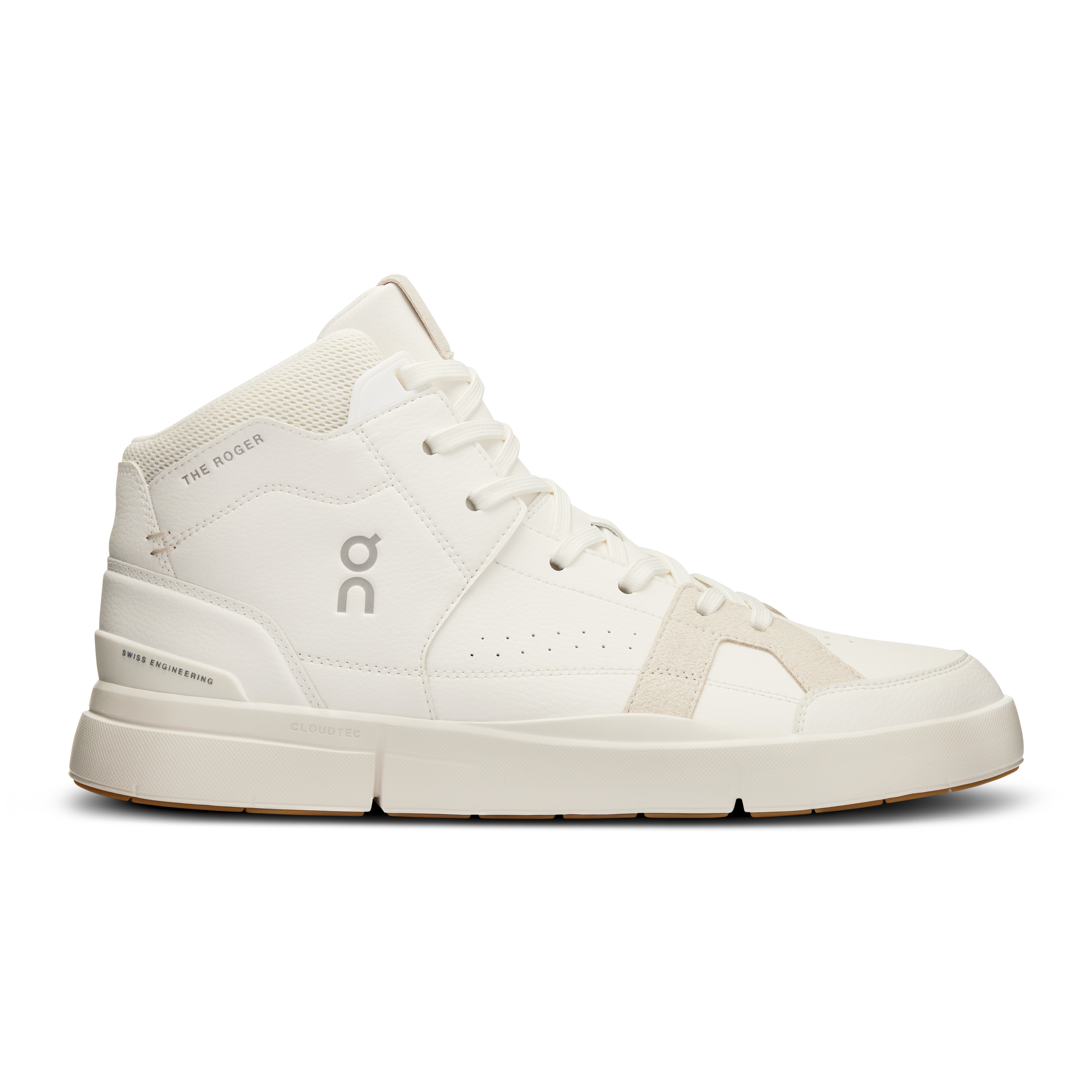 Side view on white background of Mens On The Roger Clubhouse Mid 2 running shoe in White/Sand, Medium (Regular) width