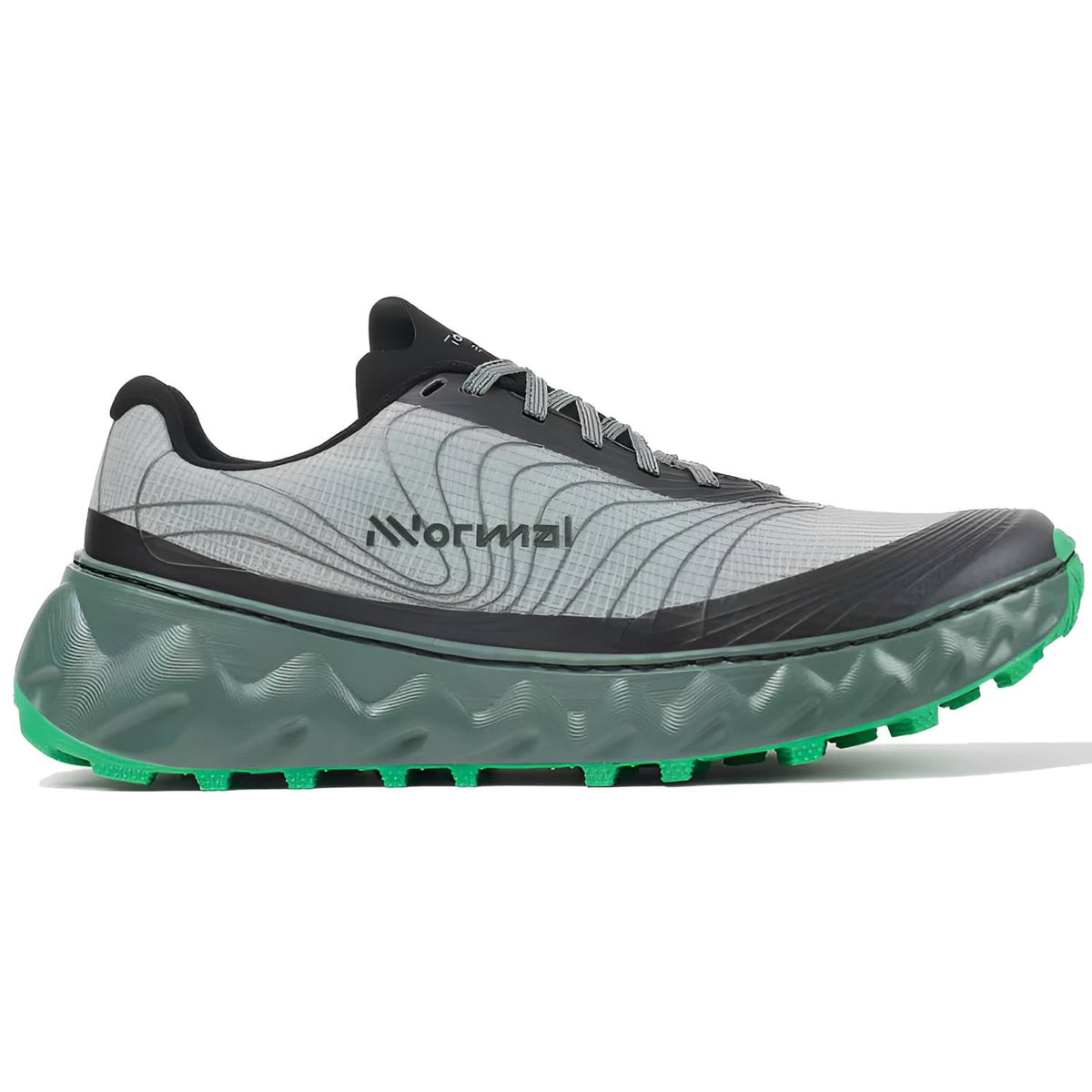 Side view on white background of Mens Nnormal Tomir 02 running shoe in Green, Medium (Regular) width