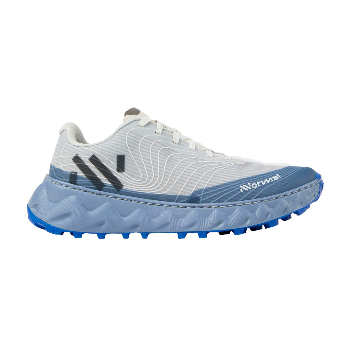Side view on white background of Womens Nnormal Tomir 02 NN running shoe in Blue, Medium (Regular) width
