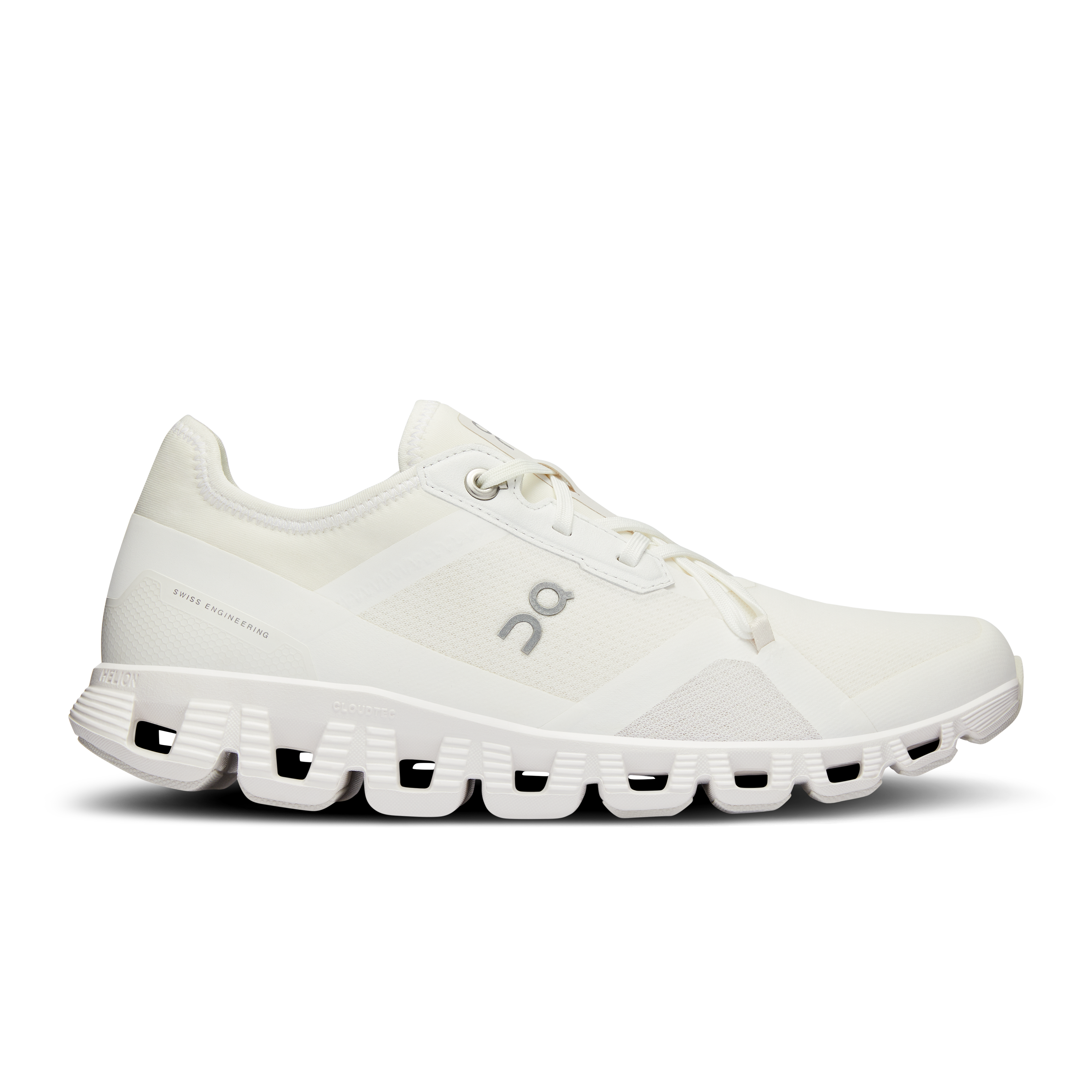 Side view on white background of Womens On Cloud X 3 AD running shoe in Undyed-White/White, Medium (Regular) width