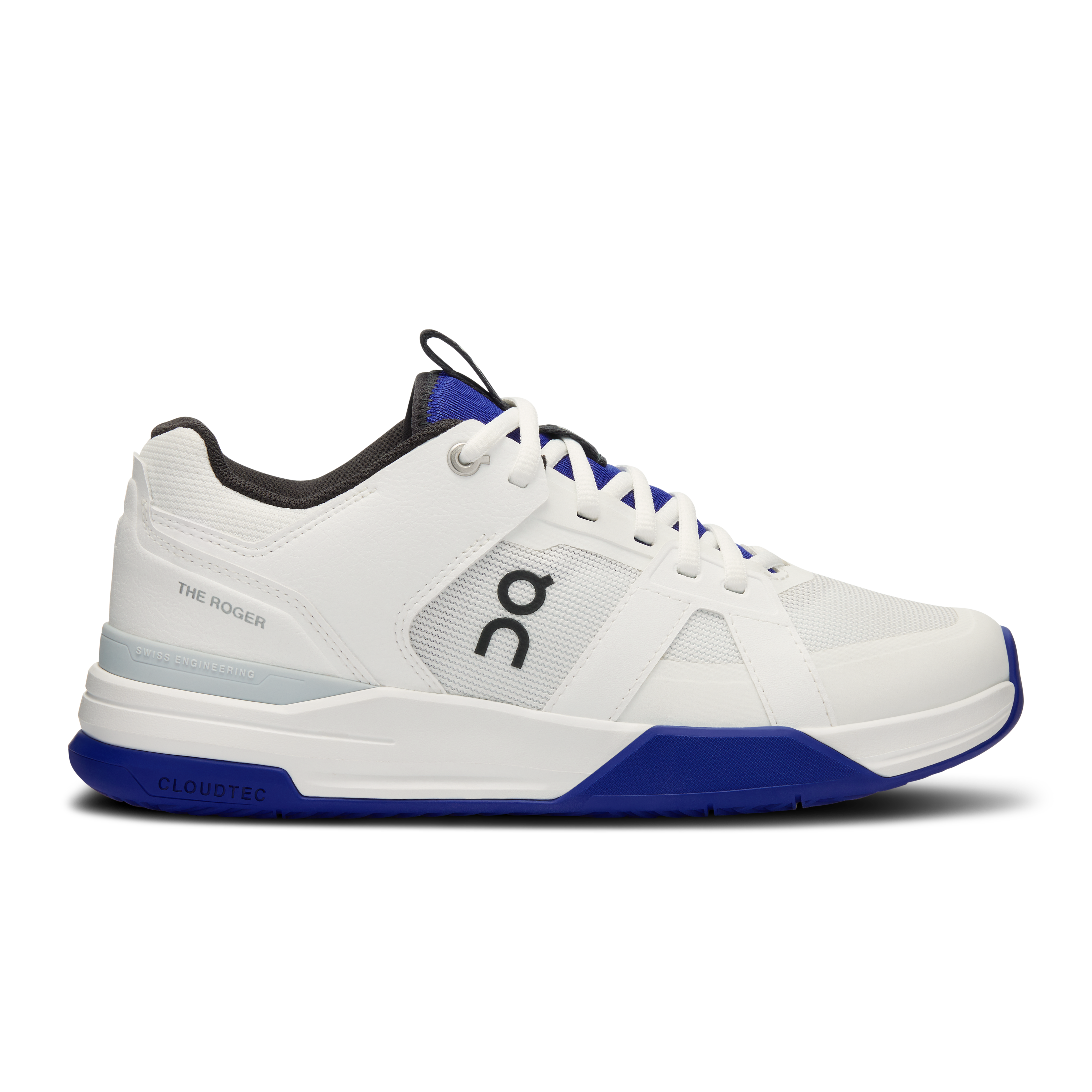 Side view on white background of Womens On The Roger Clubhouse Pro running shoe in Undyed/Indigo, Medium (Regular) width