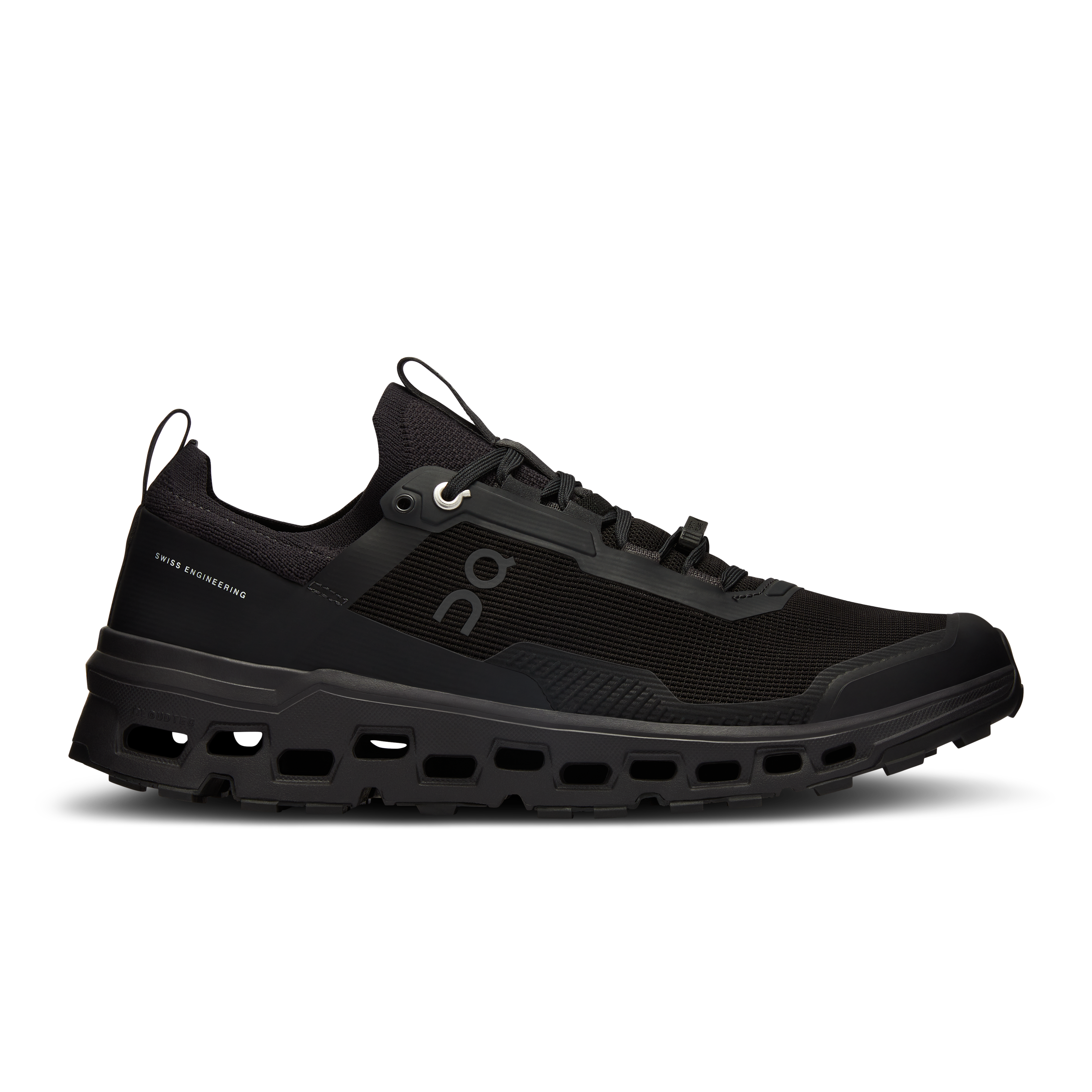 Side view on white background of Mens On Cloudultra 2 running shoe in All Black, Medium (Regular) width