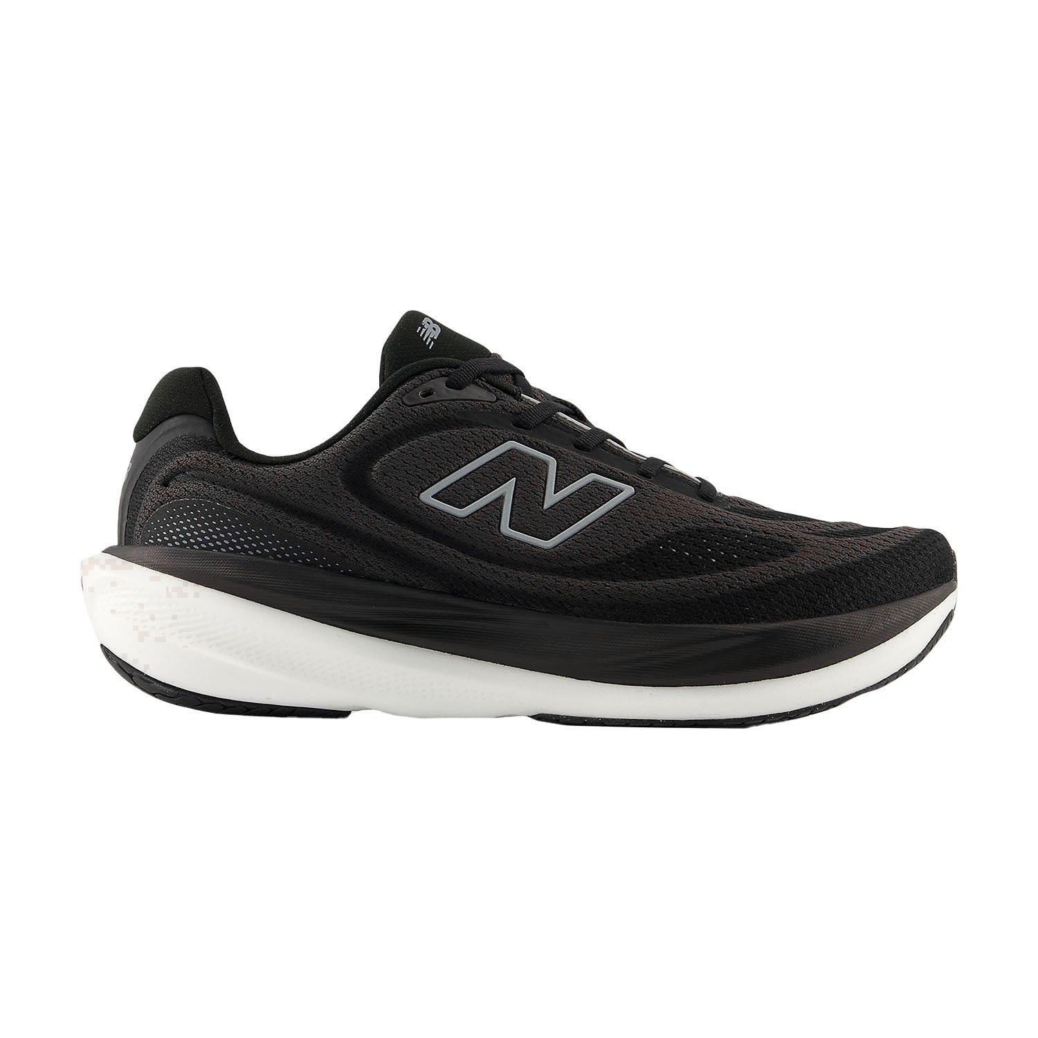 Side view on white background of Mens New Balance Fresh Foam X 1080v15 running shoe in Black/Slate Grey/Faded Black, Wide width