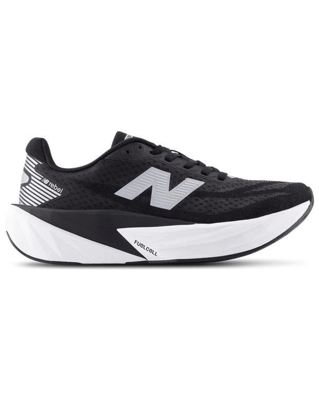 Side view on white background of Mens New Balance FuelCell Rebel V5 running shoe in Black/White/White, Medium (Regular) width