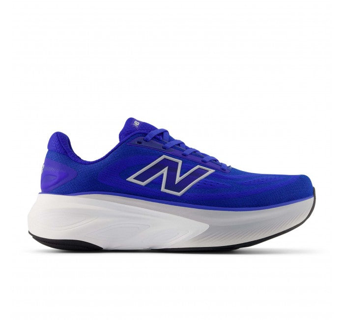 Side view on white background of Mens New Balance Fresh Foam X More v6 running shoe in Blue Gemstone/Galaxy Blue/Silver Metallic, Wide width