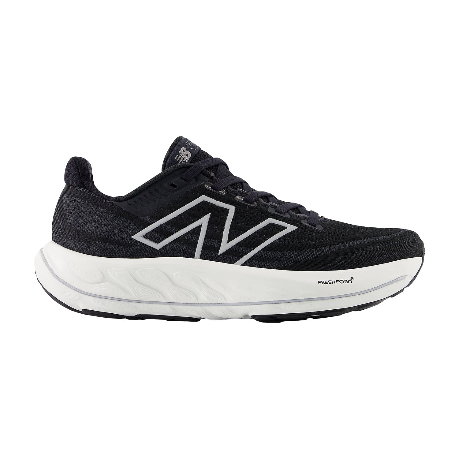 Side view on white background of Womens New Balance Fresh Foam Vongo v6 running shoe in Black/White, Extra Wide width