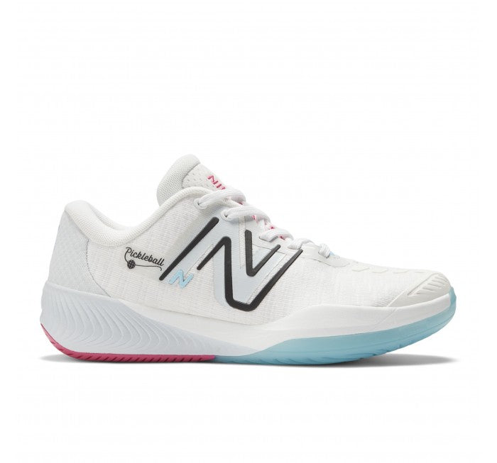 Side view on white background of Womens New Balance FuelCell 996v5 running shoe in White/Grey/Team Red, Wide width