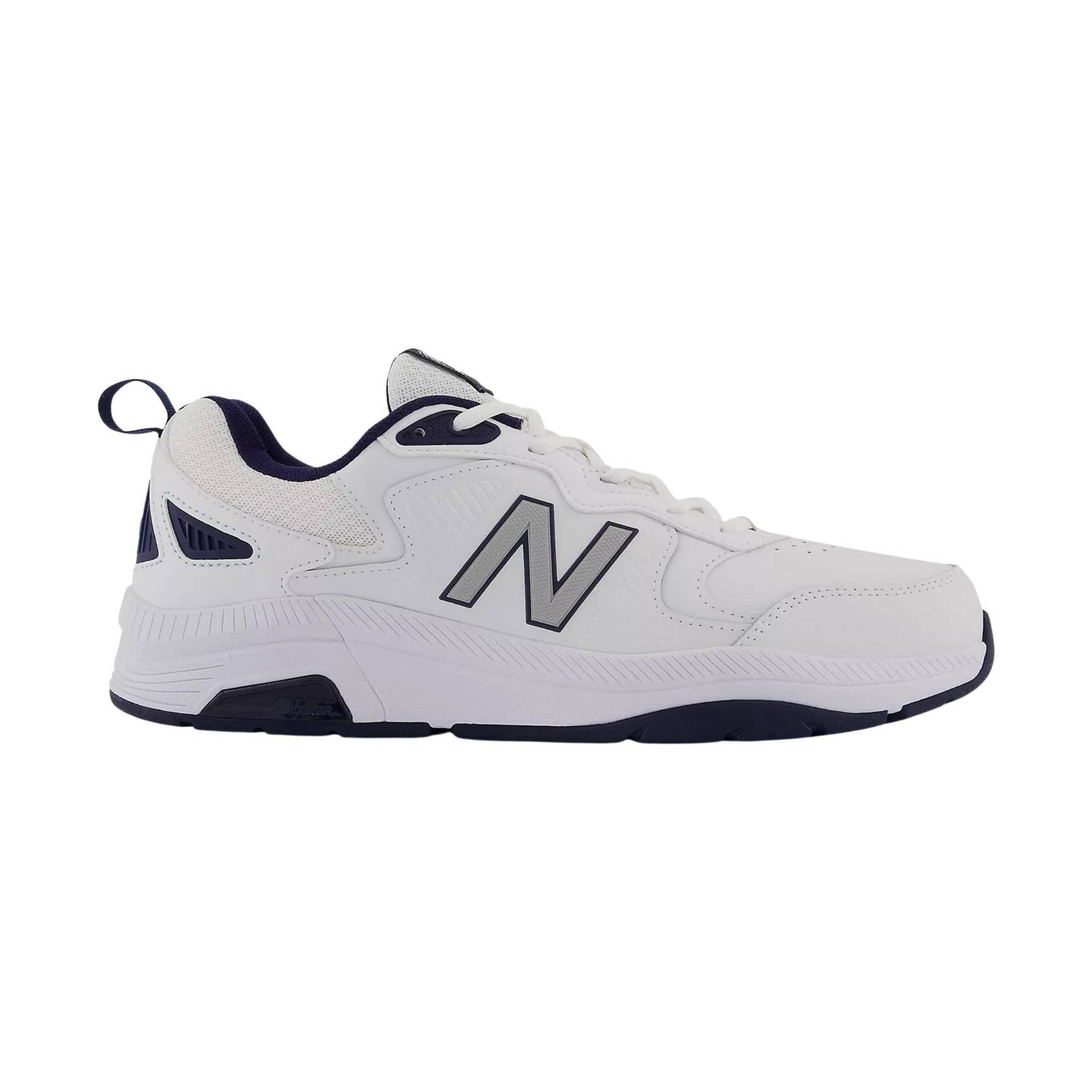 Side view on white background of Mens New Balance 857v3 running shoe in White/Navy, Medium (Regular) width