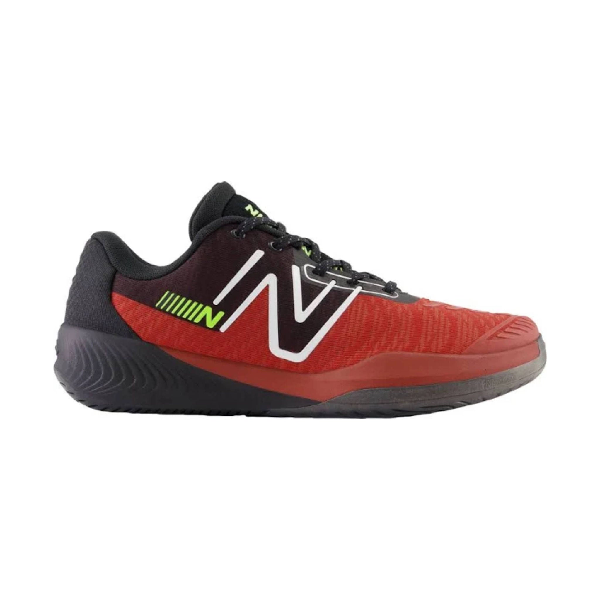 Side view on white background of Mens New Balance FuelCell 996v5 running shoe in Brick Red/lack, Medium (Regular) width