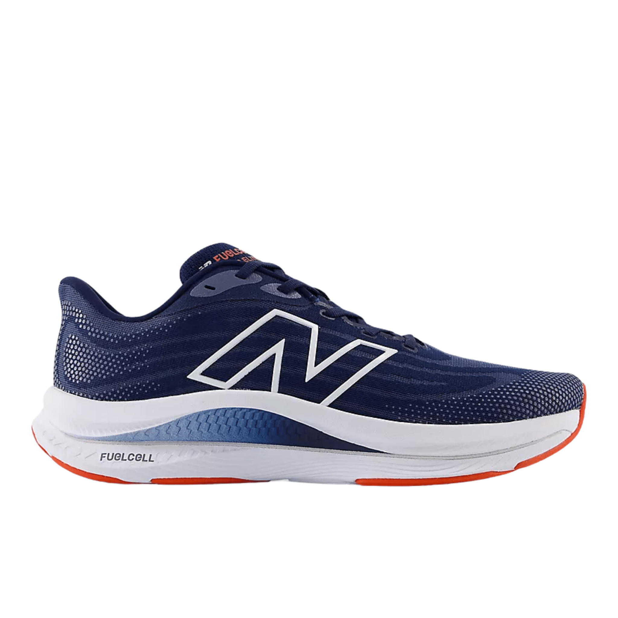 Side view on white background of Mens New Balance FuelCell Walker Elite running shoe in Nb Navy/White/Neo Flame, Extra Wide width