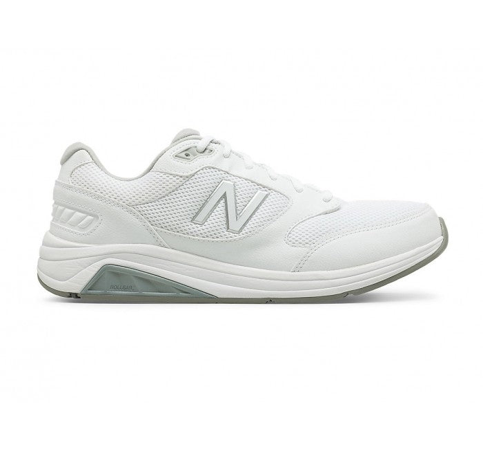 Side view on white background of Mens New Balance 928v3 running shoe in White, Wide width