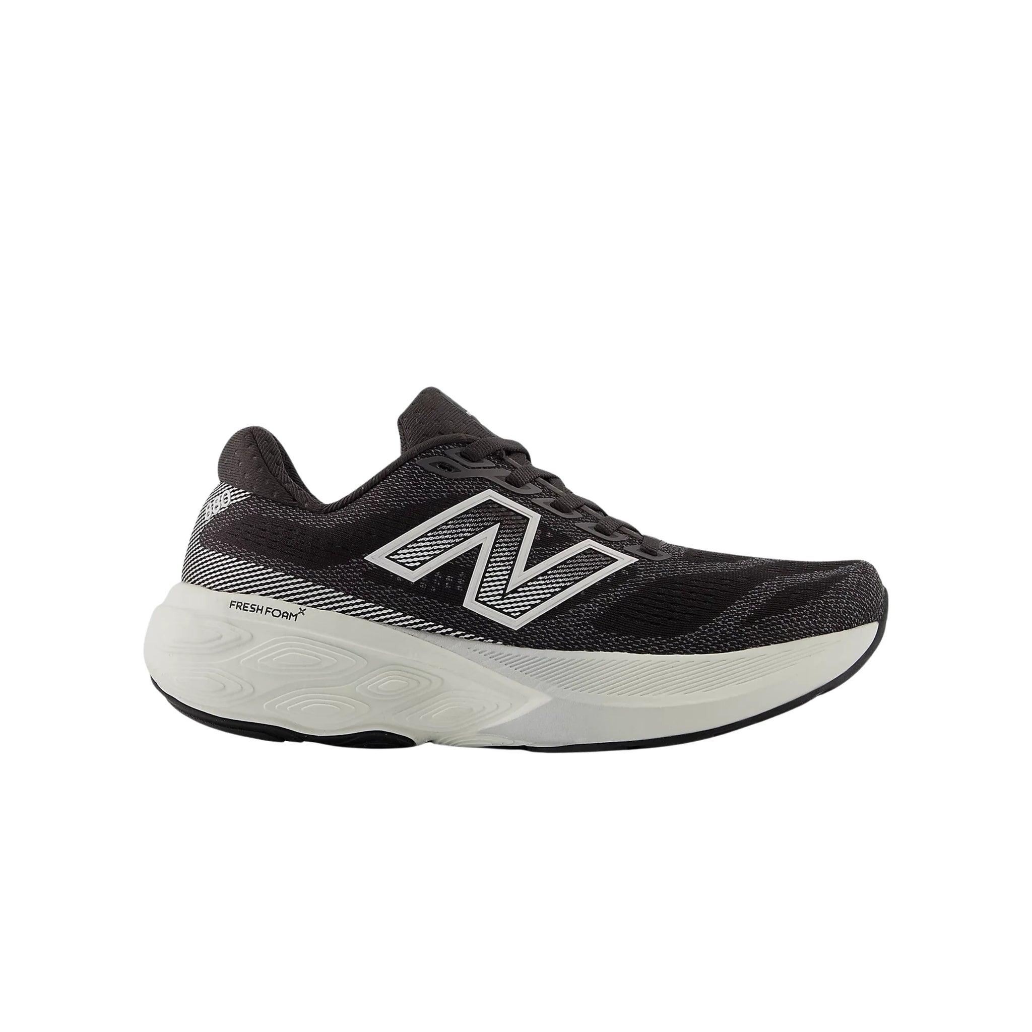 Side view on white background of Womens New Balance 880v15 running shoe in Black/Cement/Sea Salt/Silver Metallic, Extra Wide width