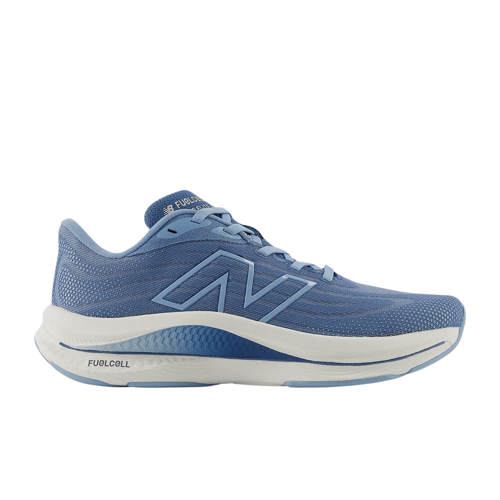Side view on white background of Womens New Balance FuelCell Walker Elite running shoe in Heron Blue/Chrome Blue/Sea Salt, Extra Wide width