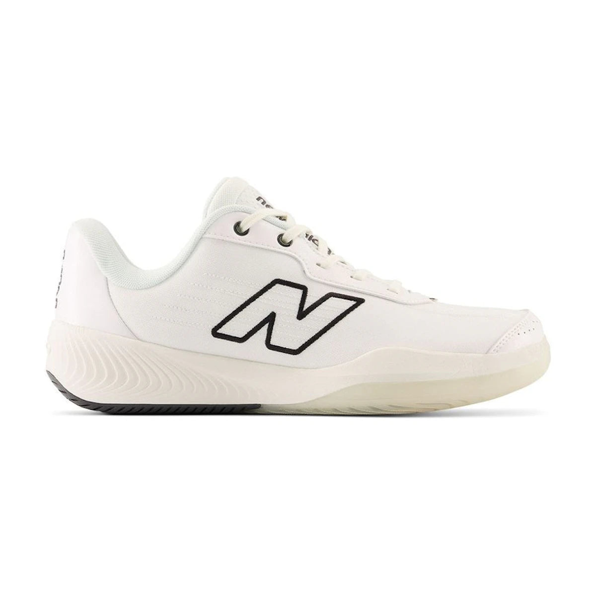 Side view on white background of Mens New Balance FuelCell 996v5 running shoe in White/Black, Medium (Regular) width