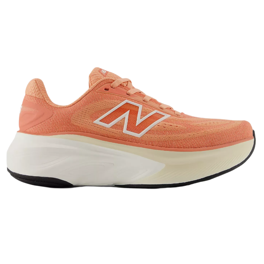 Side view on white background of Womens New Balance Fresh Foam X More v6 running shoe in Peach Nectar/Flare, Wide width