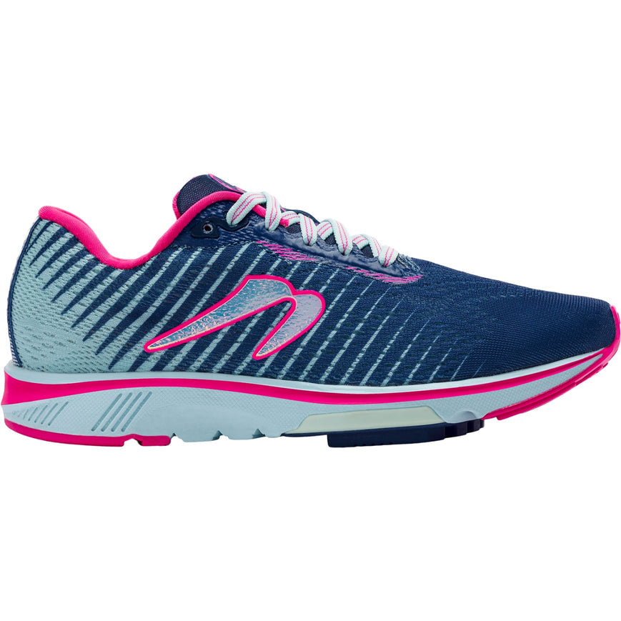 Side view on white background of Womens Newton Running Gravity 12 running shoe in Navy Blue/Arctic Blue, Medium (Regular) width