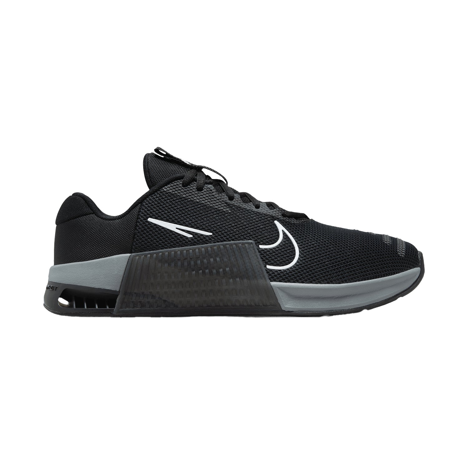 Side view on white background of Womens Nike Metcon 9 running shoe in Black/White/Anthracite/Smoke Grey, Medium (Regular) width