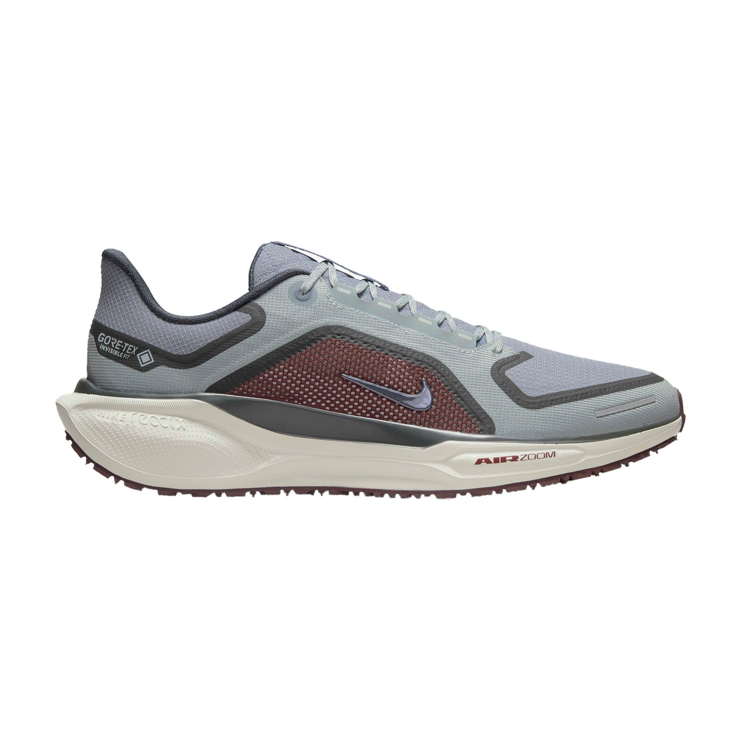 Side view on white background of Mens Nike Pegasus 41 GTX running shoe in Light Pumice/Ashen Slate, Medium (Regular) width