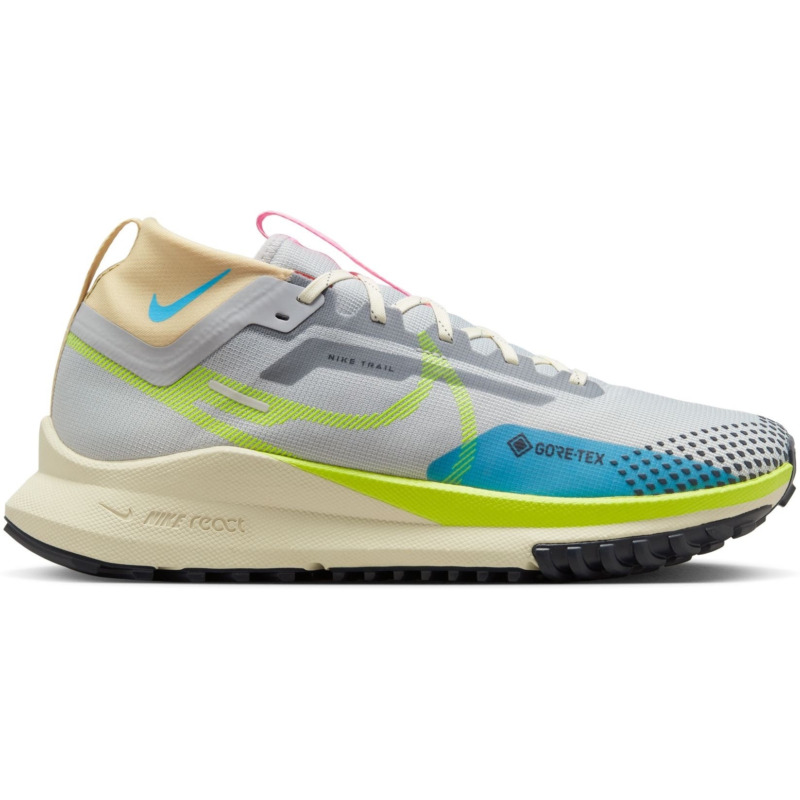 Side view on white background of Mens Nike Pegasus Trail 4 Gore-Tex running shoe in Wolf Grey/Volt-Stadium Green, Medium (Regular) width