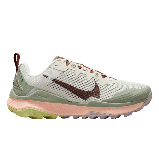 Side view on white background of Womens buy Nike React Wildhorse 8 running shoe in Sail/Dark Pony/Jade Horizon, Medium (Regular) width