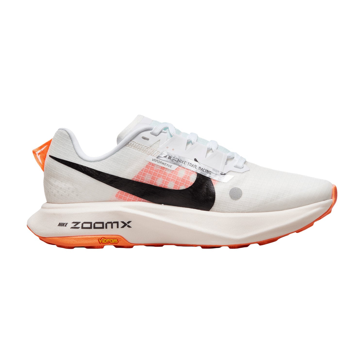 Side view on white background of Womens Nike Ultrafly Trail running shoe in White/Black-Total Orange, Medium (Regular) width