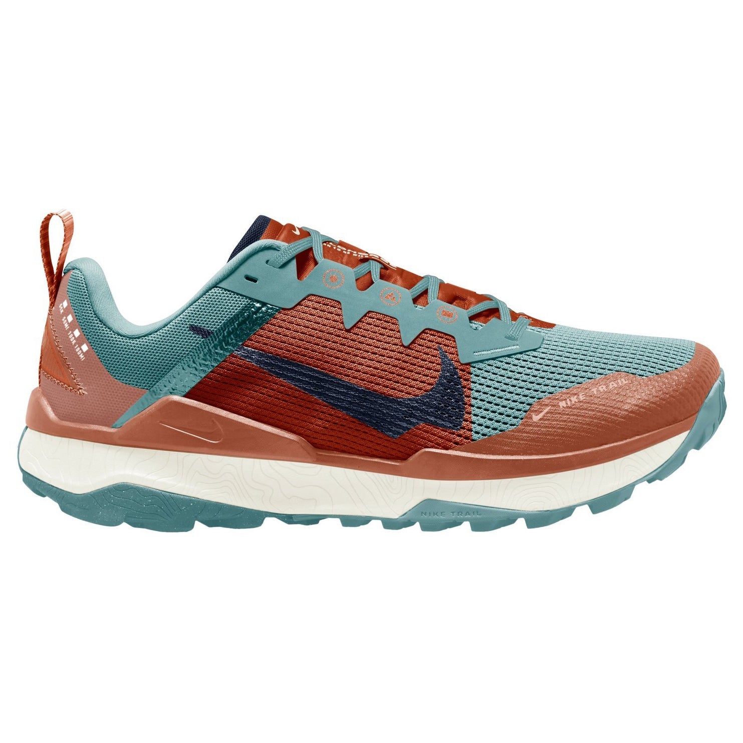 Side view on white background of Mens Nike Wildhorse 8 running shoe in Denim Turq/Midnight Navy, Medium (Regular) width