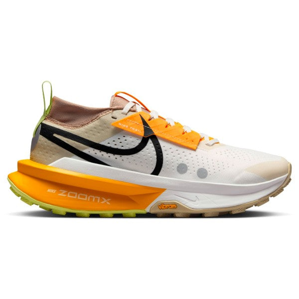 Side view on white background of Womens Nike ZoomX Zegama Trail 2 running shoe in Phantom/Black-Khaki-Mink Brown, Medium (Regular) width