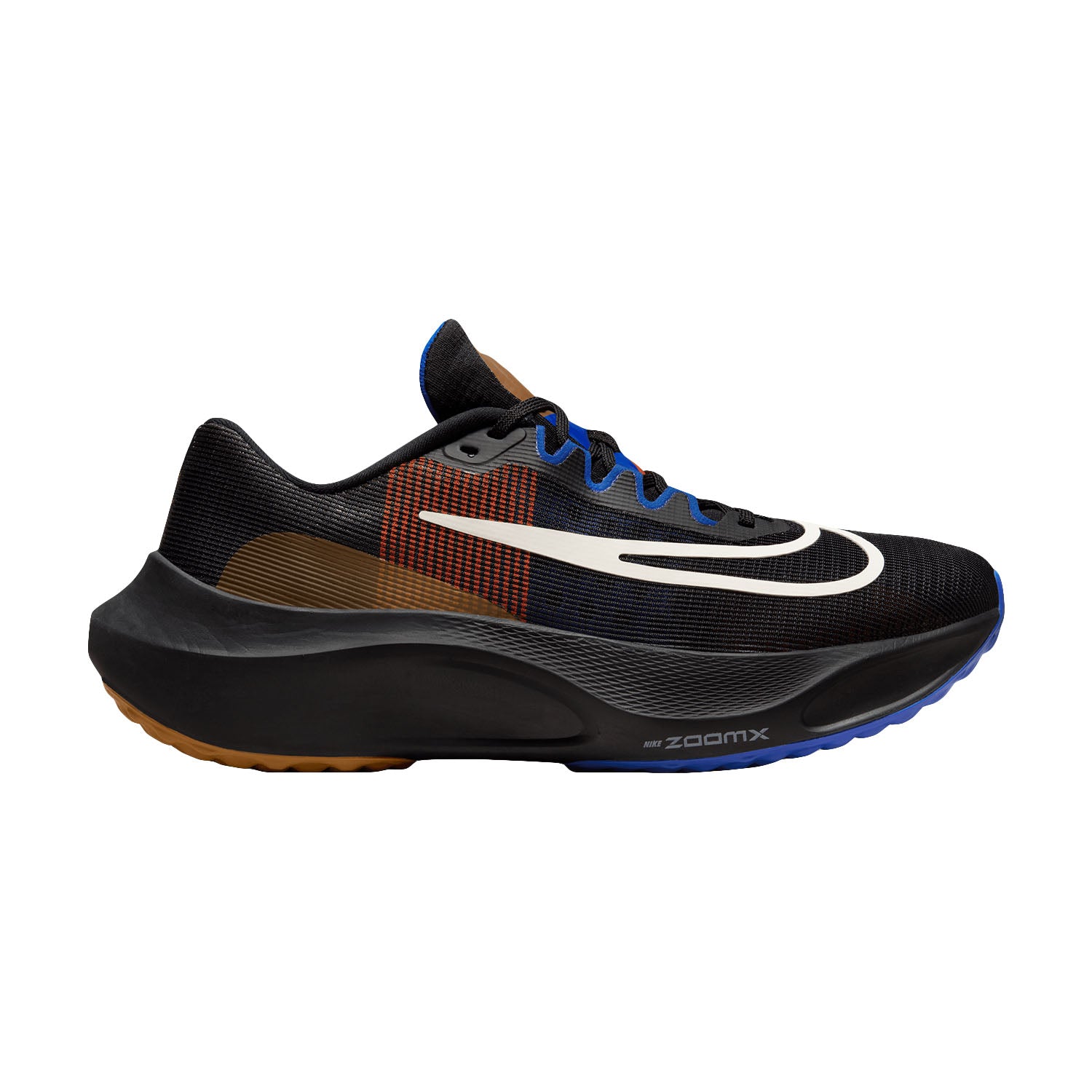 Side view of Nike Zoom Fly 5 running shoes in Black/Phantom Brown
