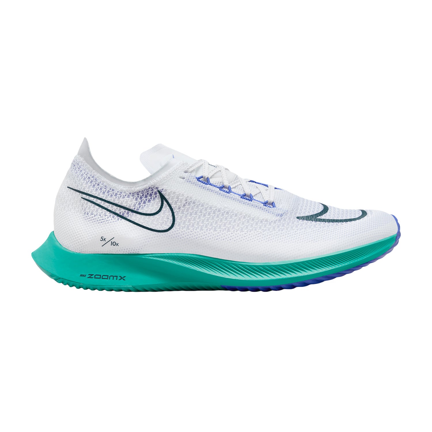Side view of Nike ZoomX Streakfly running shoes in White/Deep Jungle-Clear Jade