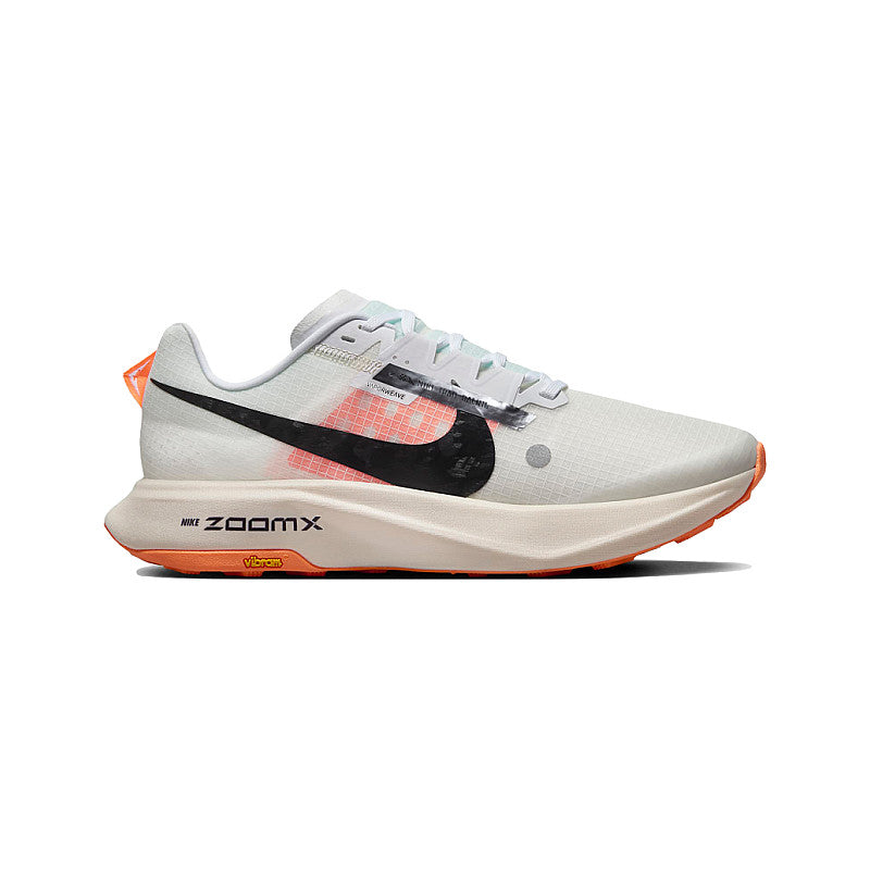 Side view on white background of Mens Nike Ultrafly Trail running shoe in White/Black-Total Orange, Medium (Regular) width