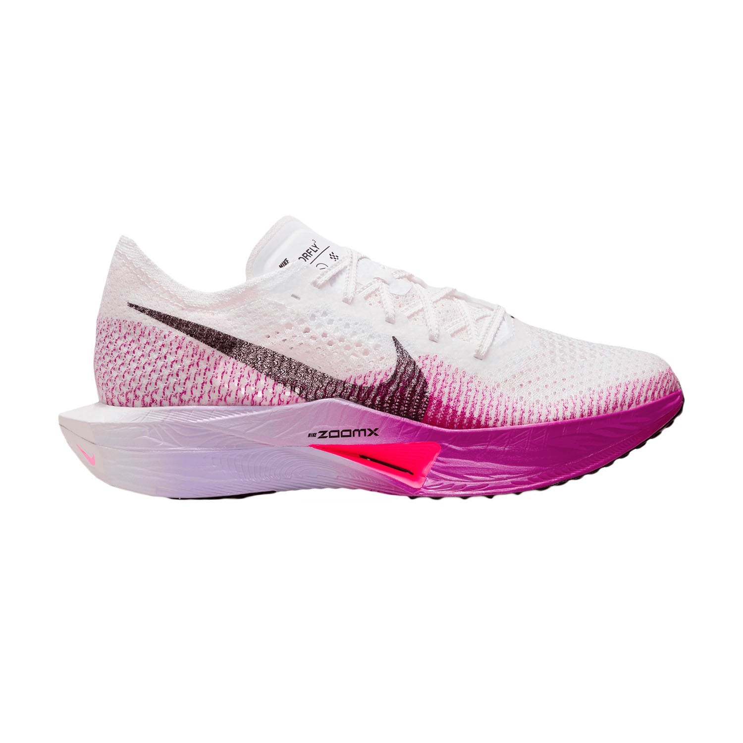 Side view on white background of Mens Nike ZoomX Vaporfly Next% 3 running shoe in White/Black-Vivid Purple, Medium (Regular) width