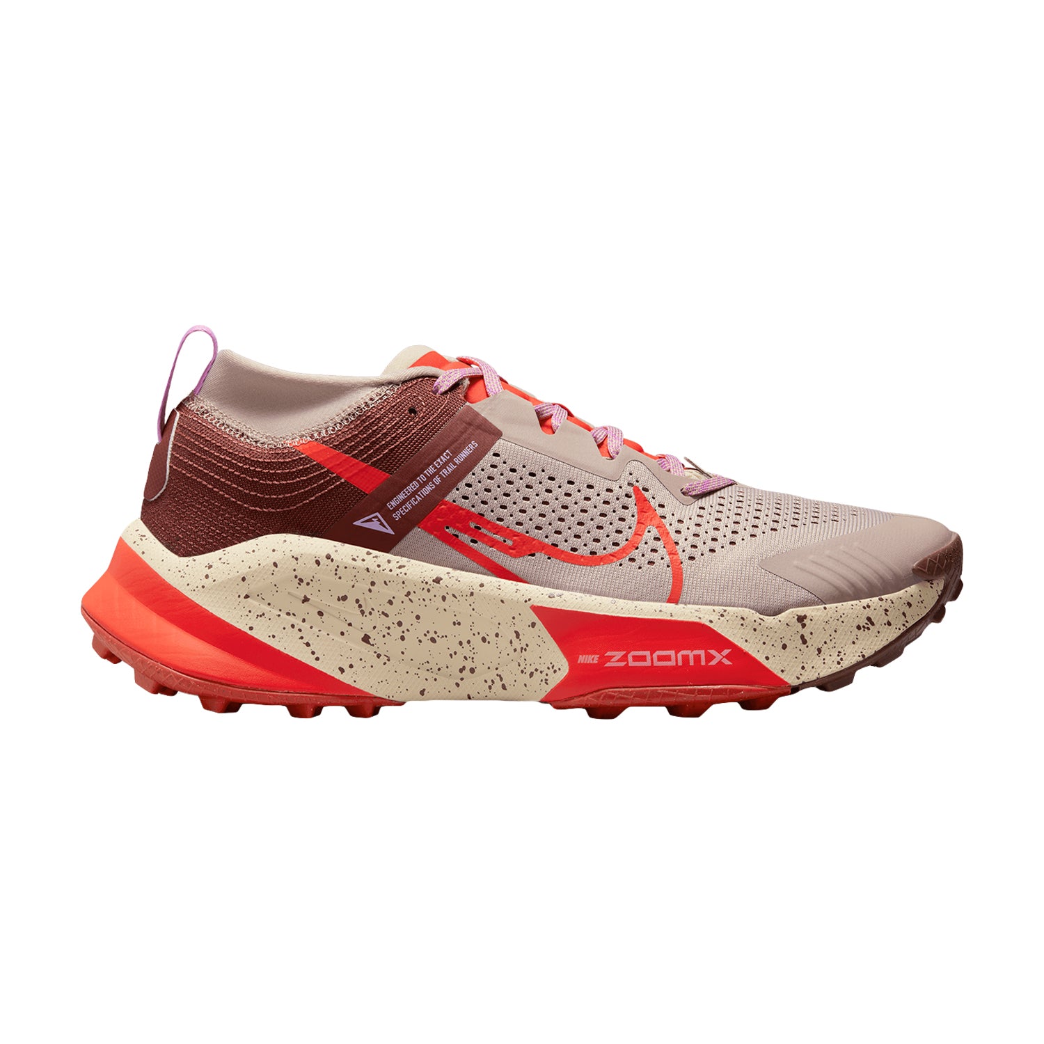Side view on white background of Mens Nike ZoomX Zegama Trail running shoe in Diffused Taupe/Picante Red, Medium (Regular) width
