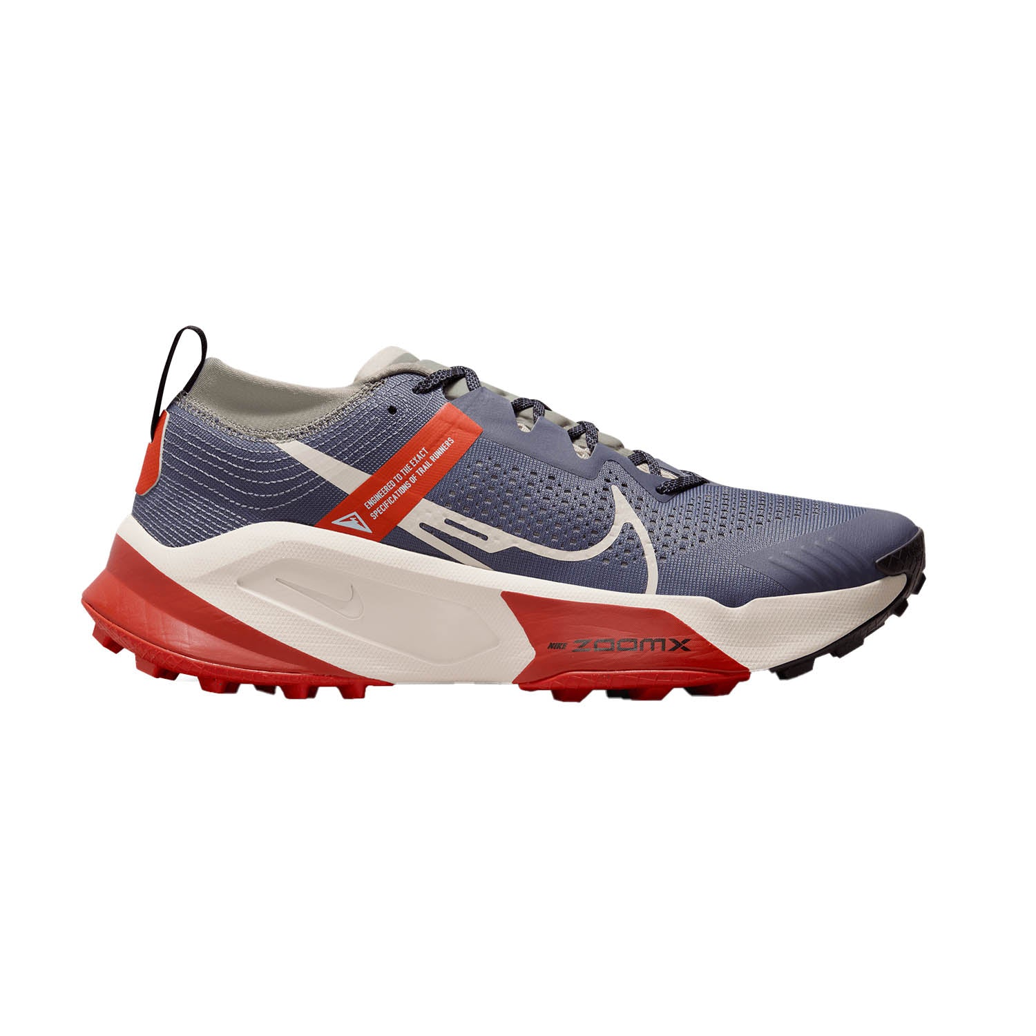 Side view on white background of Mens Nike ZoomX Zegama Trail running shoe in Light Carbon/Lt Orewood Brown, Medium (Regular) width