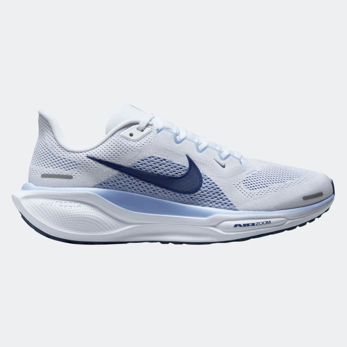 Side view on white background of Womens Nike Pegasus 41 running shoe in White/Diffused Blue-Aluminum, Medium (Regular) width
