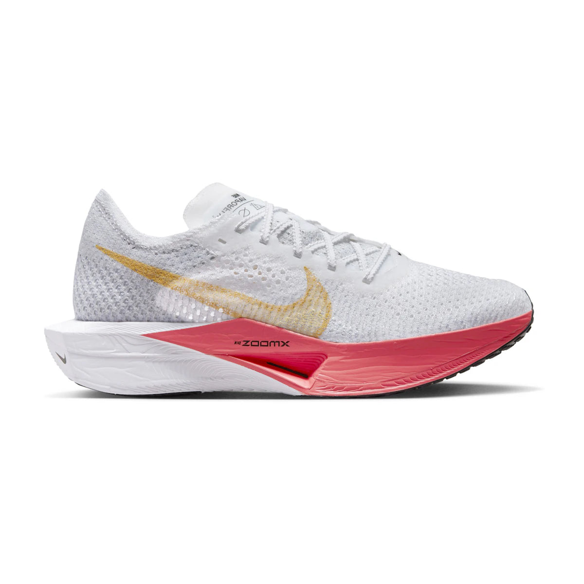 Side view on white background of Womens Nike ZoomX Vaporfly Next% 3 running shoe in White/Topaz Gold-Sea Coral, Medium (Regular) width