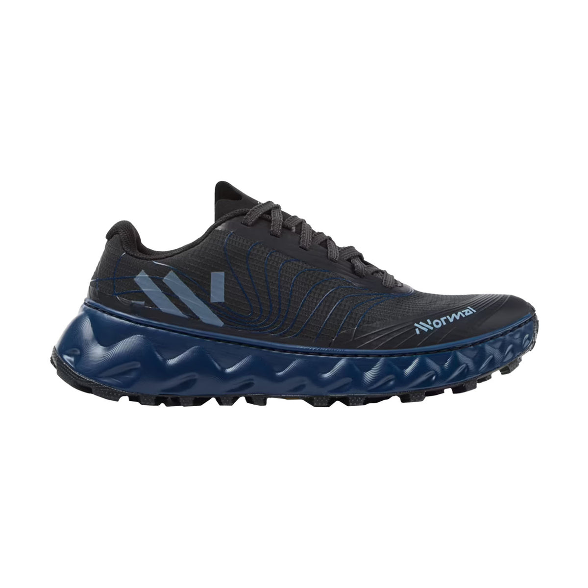 Side view on white background of Mens Nnormal Tomir 02 NN running shoe in Blue/Black, Medium (Regular) width