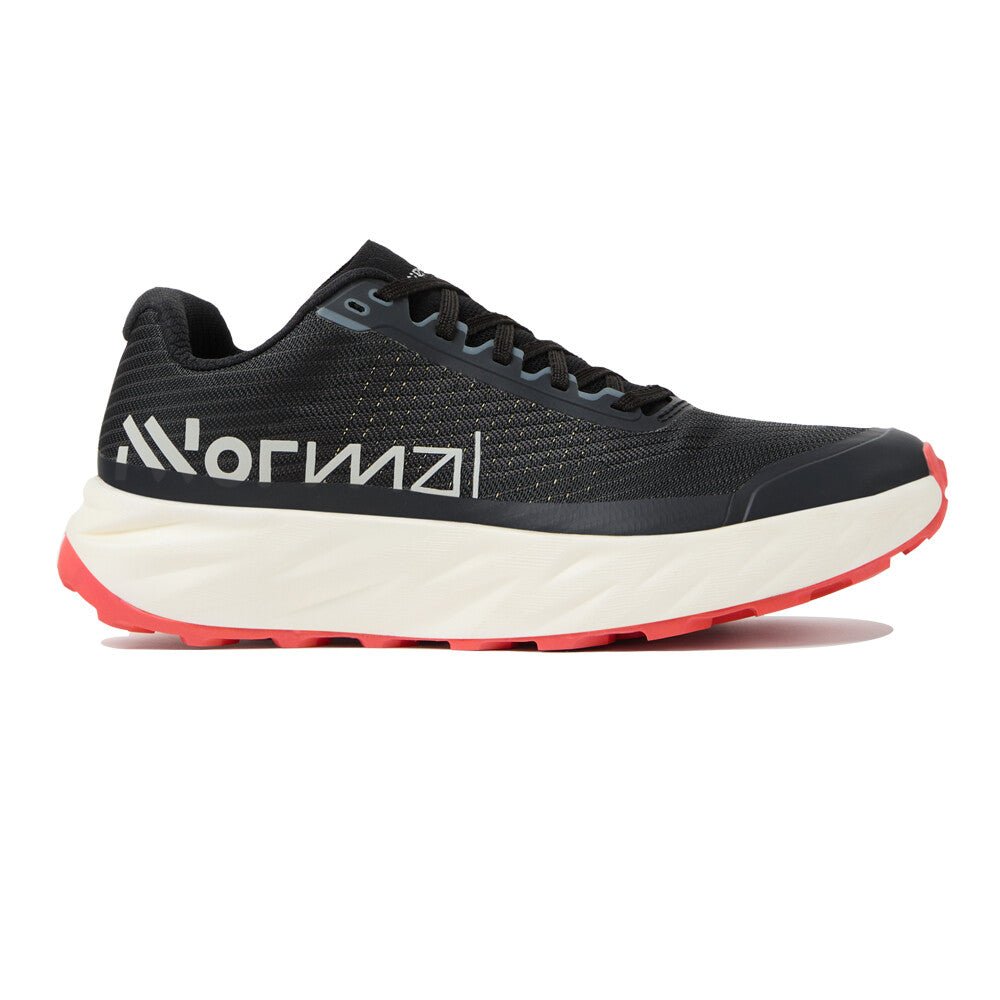 Side view on white background of Mens Nnormal Kjerag 02 running shoe in Black, Medium (Regular) width