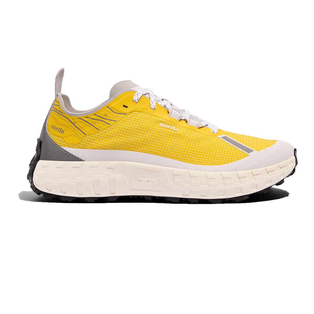 Side view on white background of Womens Norda 001 running shoe in Parhelion, Medium (Regular) width