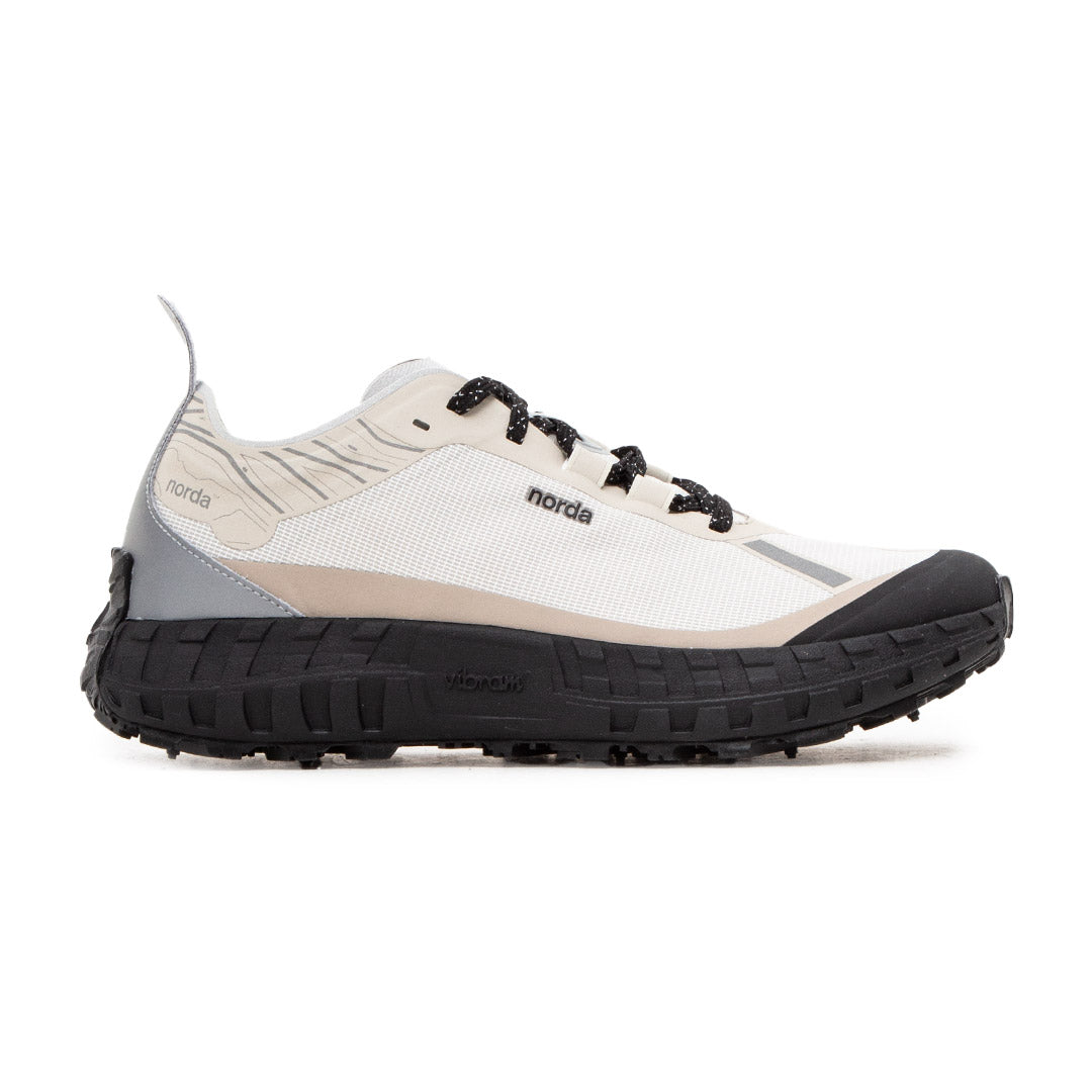 Side view on white background of Womens Norda 001 running shoe in Cinder, Medium (Regular) width