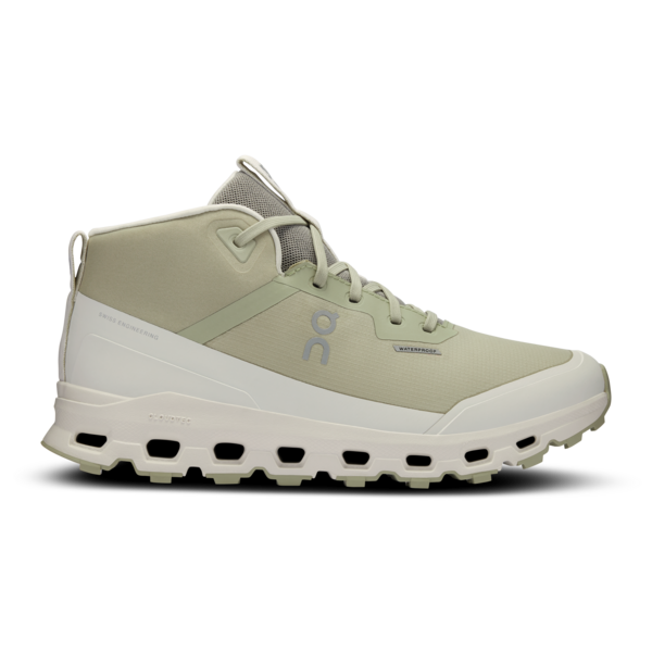 Side view on white background of Womens On Cloudroam Waterproof running shoe in Chalk/Ice, Medium (Regular) width