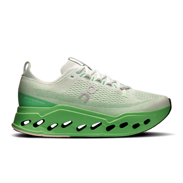 Side view on white background of Womens On Cloudsurfer Max running shoe in Mineral/Honeydew, Medium (Regular) width