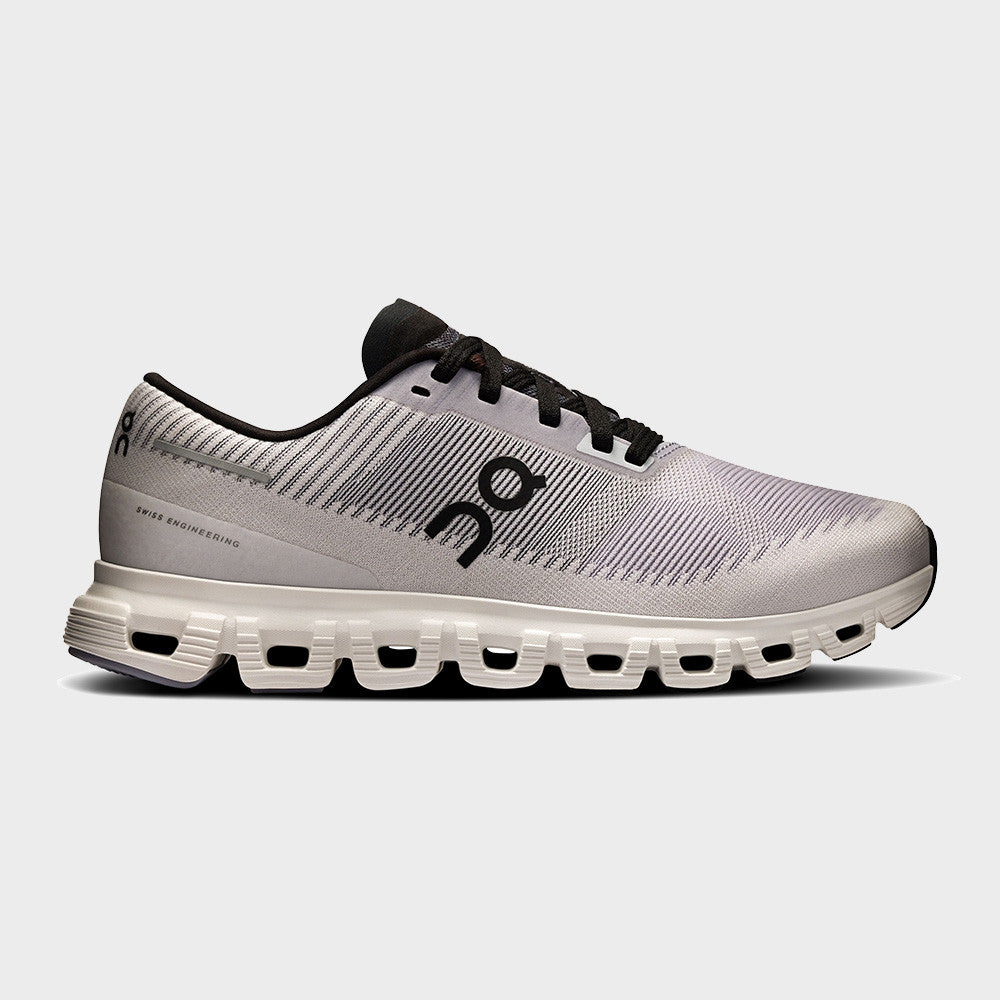 Side view on white background of Womens On Cloud 6 Push running shoe in Lilac/Black, Medium (Regular) width