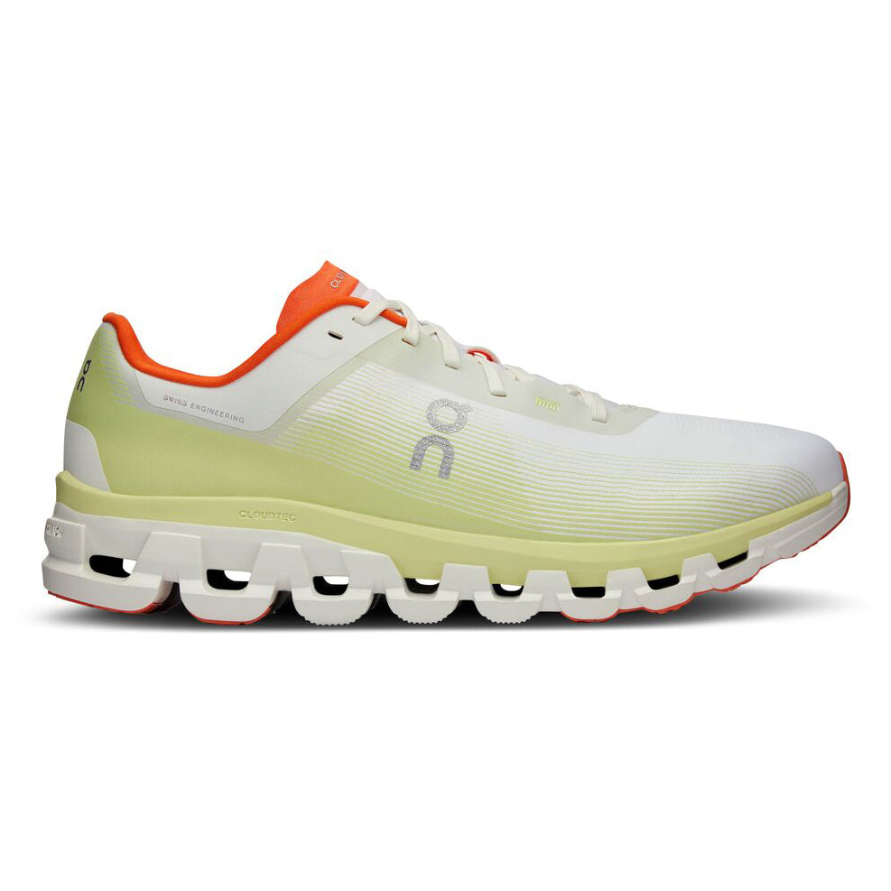 Side view on white background of Womens On Cloud 6 Coast running shoe in Aloe/Limelight, Medium (Regular) width