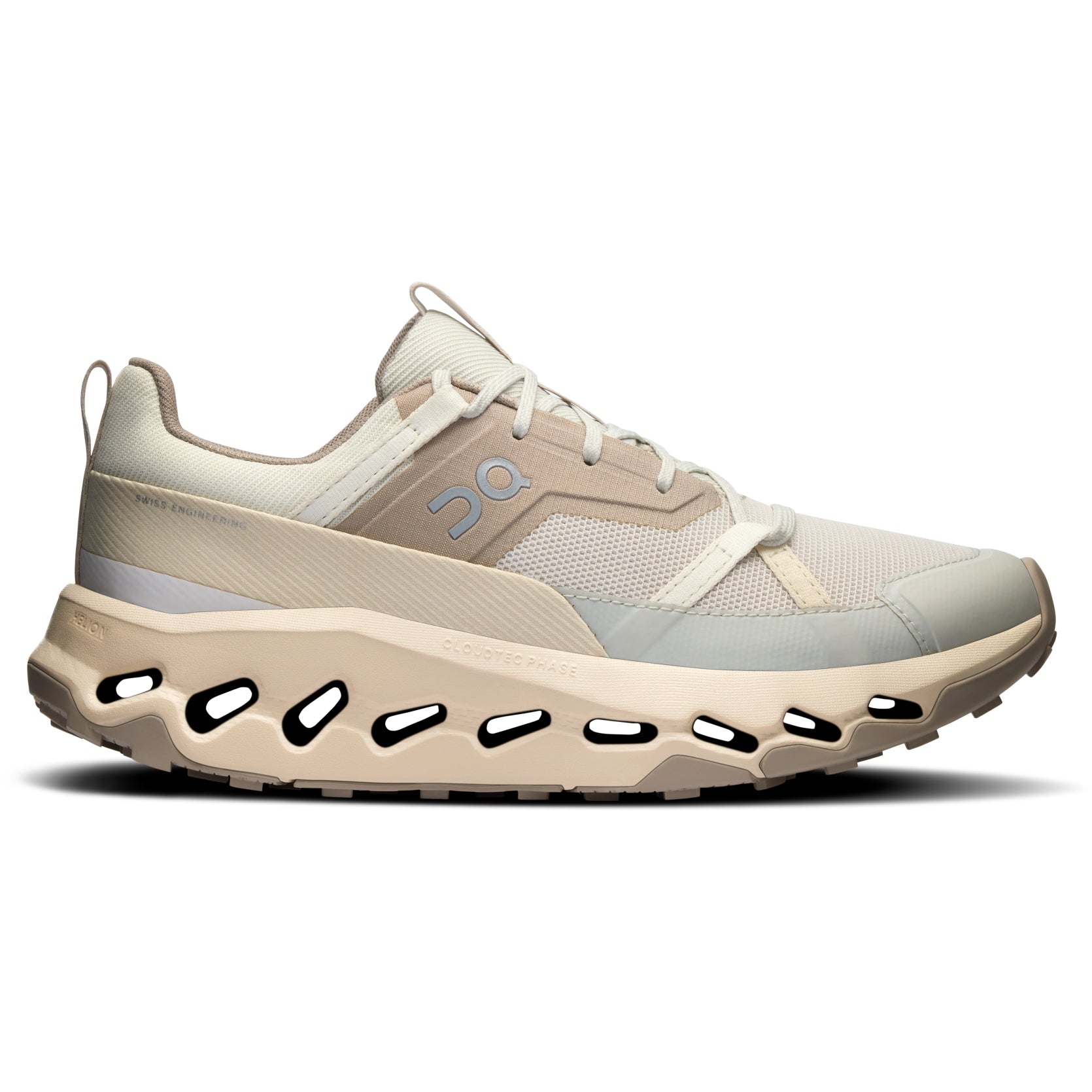 Side view on white background of Womens On Cloudhorizon running shoe in Ice/Cream, Medium (Regular) width