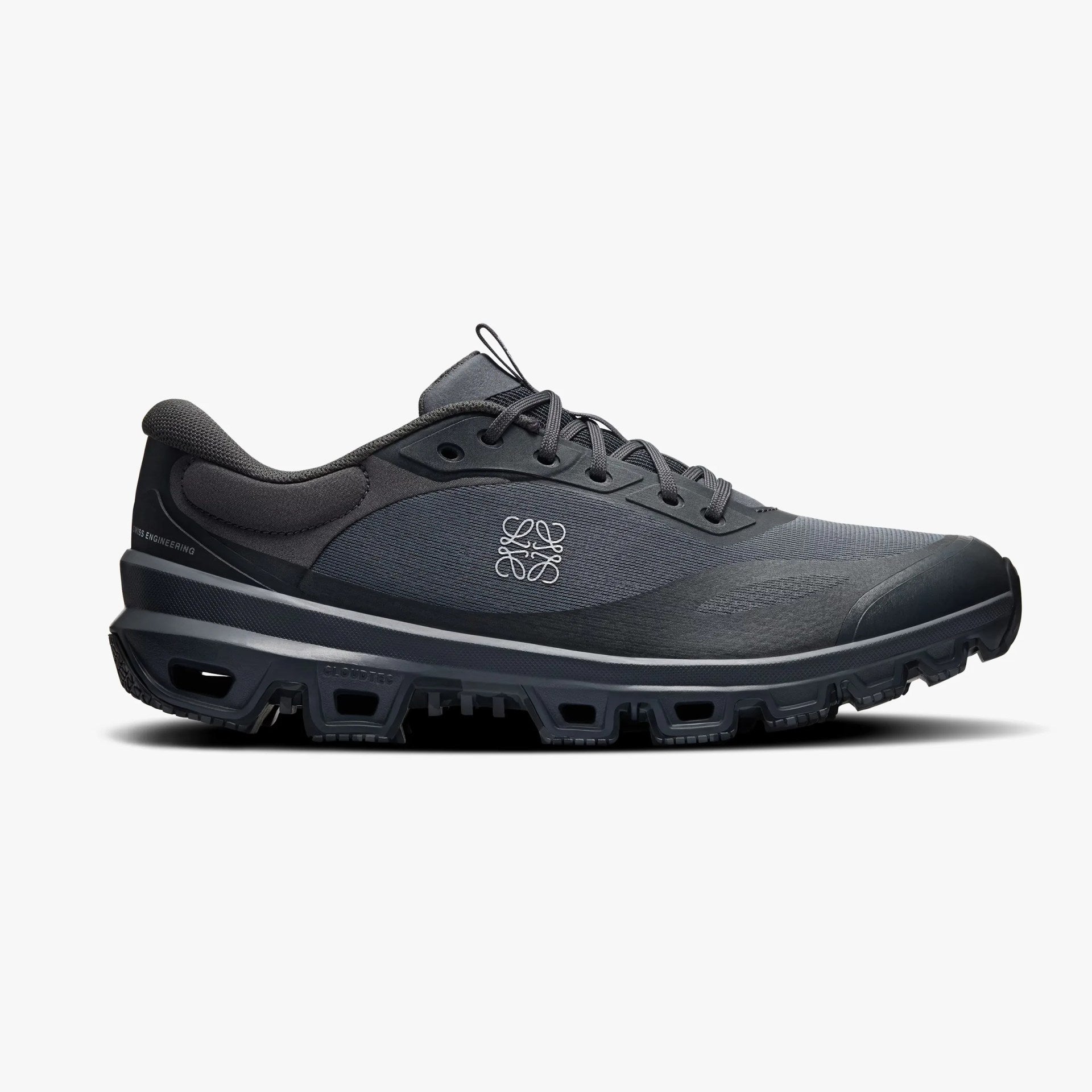 Side view on white background of Mens On Cloudventure LOEWE 2 running shoe in Eclipse/Magnet, Medium (Regular) width