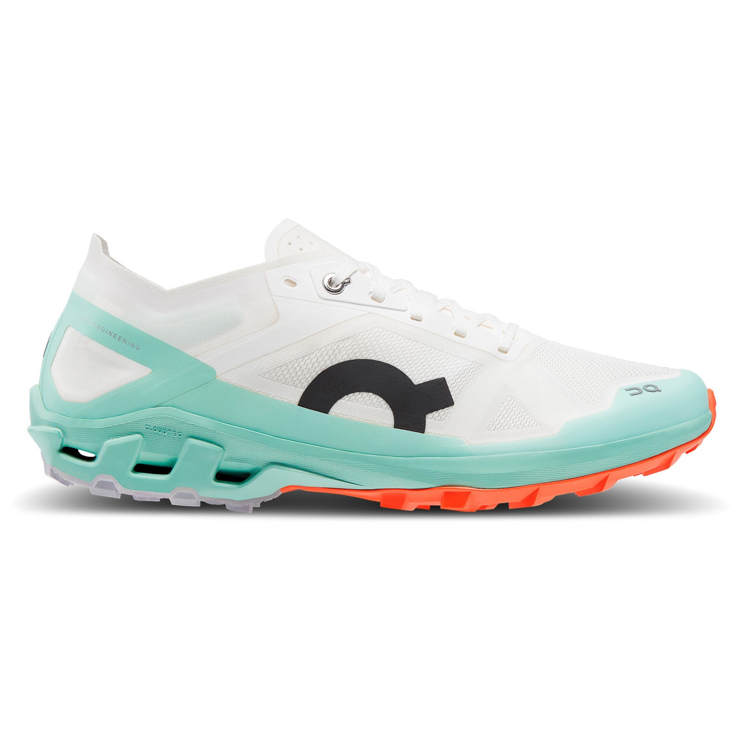 Side view on white background of Mens On Cloudventure Peak 3 running shoe in Undyed-White, Medium (Regular) width