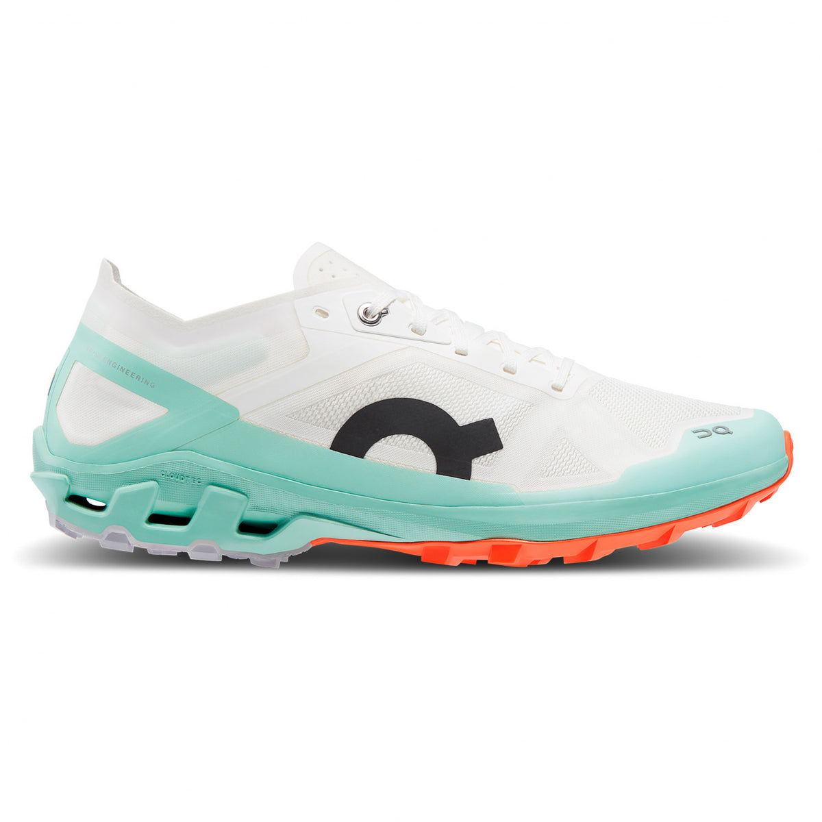 Side view on white background of Womens On Cloudventure Peak 3 running shoe in Undyed-White, Medium (Regular) width