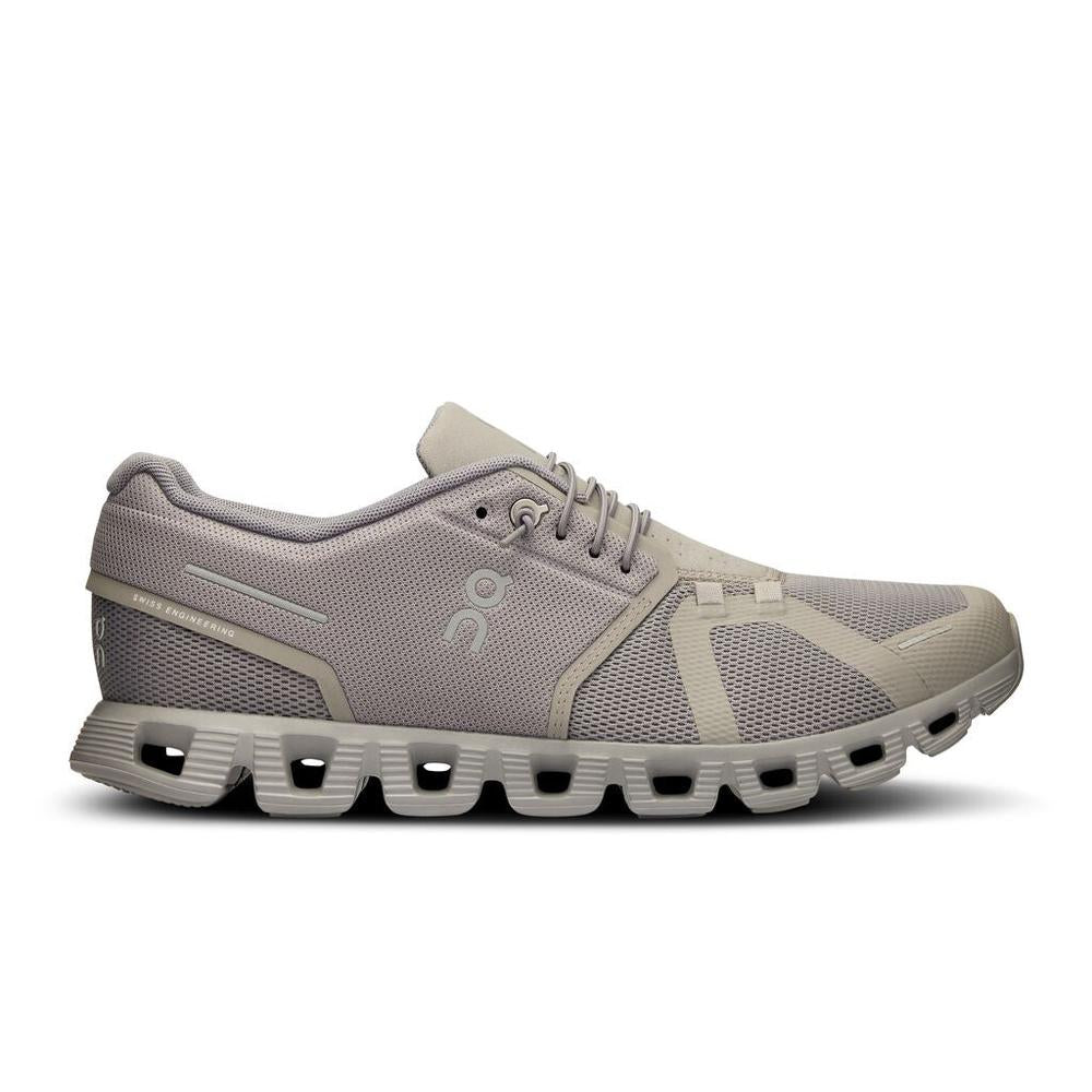 Side view on white background of Mens On Cloud 5 running shoe in Fog/Alloy, Medium (Regular) width